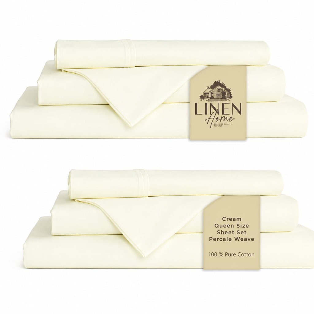 Linen Home 100% Cotton Percale Sheet Set - Deep Pocket Fitted Sheet Fits Mattress Upto 15", Pillowcases, Breathable Flat Sheet