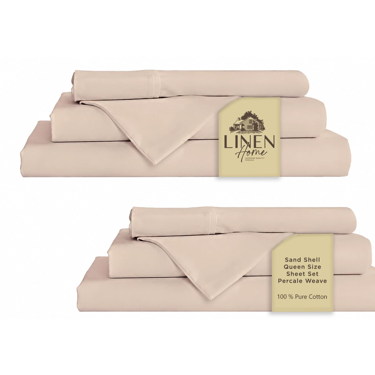 Linen Home 100% Cotton Percale Sheet Set - Deep Pocket Fitted Sheet Fits Mattress Upto 15", Pillowcases, Breathable Flat Sheet