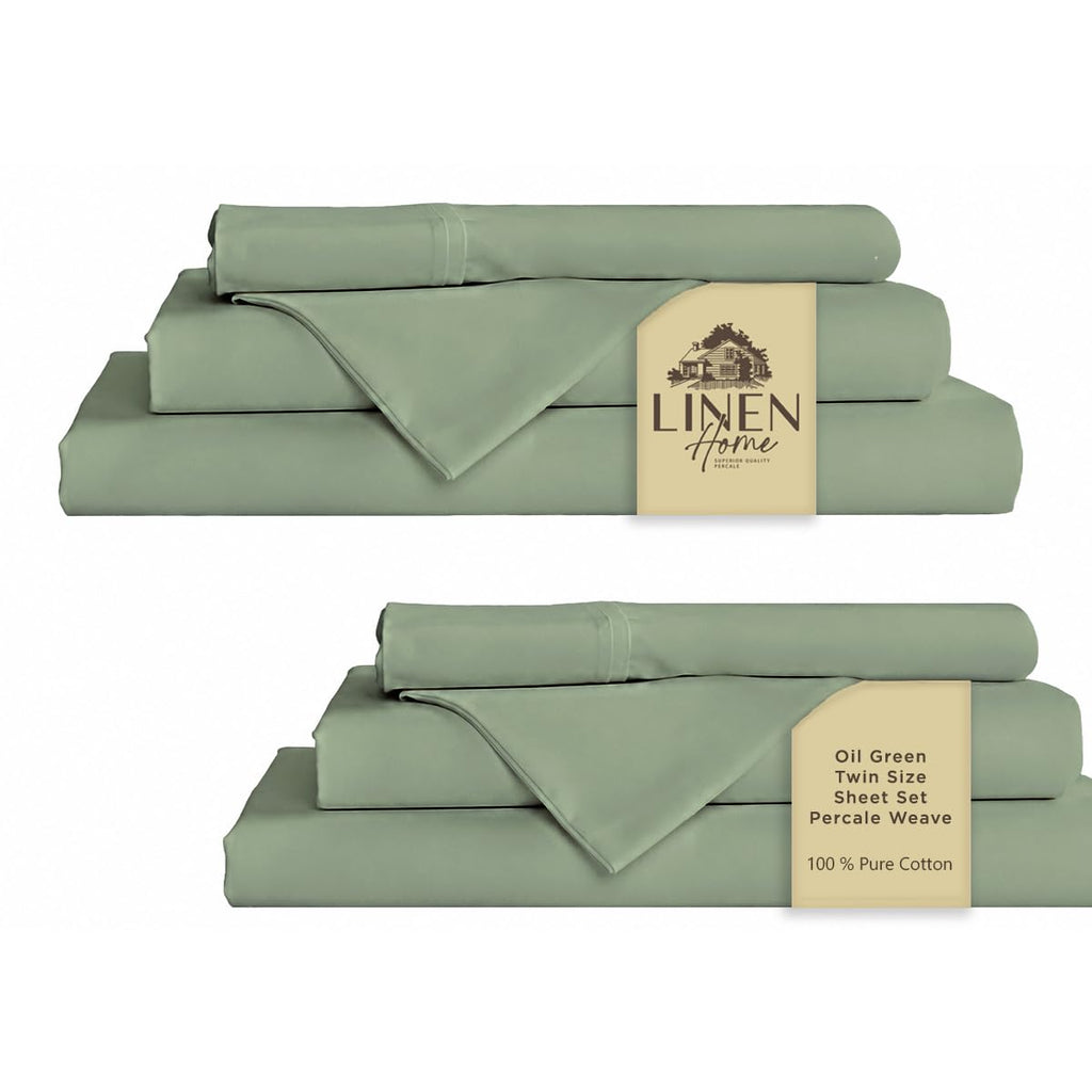 Linen Home 100% Cotton Percale Sheet Set - Deep Pocket Fitted Sheet Fits Mattress Upto 15", Pillowcases, Breathable Flat Sheet