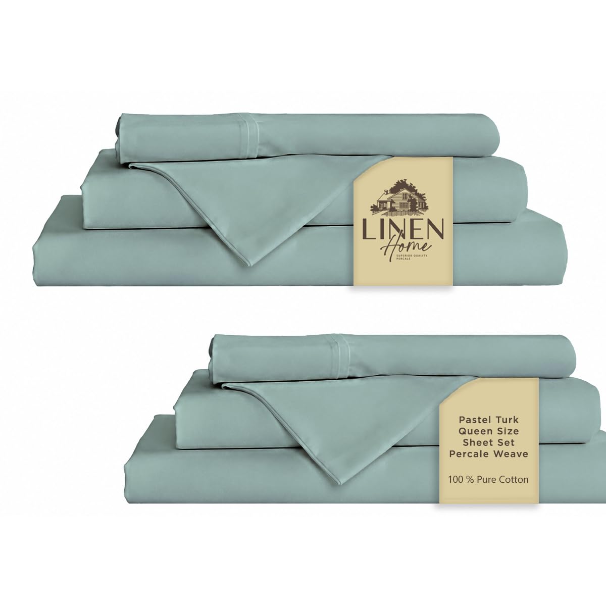 Linen Home 100% Cotton Percale Sheet Set - Deep Pocket Fitted Sheet Fits Mattress Upto 15", Pillowcases, Breathable Flat Sheet