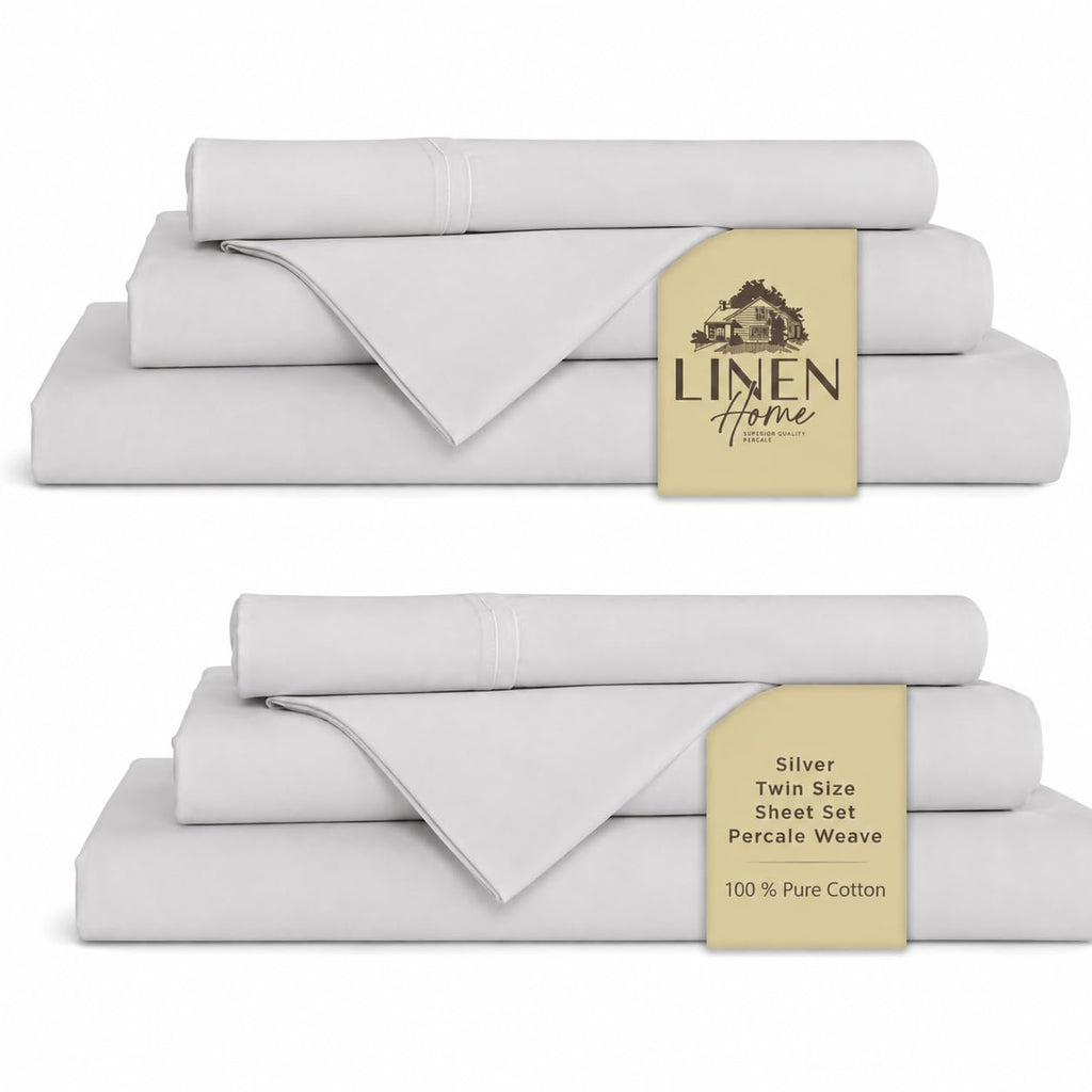 Linen Home 100% Cotton Percale Sheet Set - Deep Pocket Fitted Sheet Fits Mattress Upto 15", Pillowcases, Breathable Flat Sheet