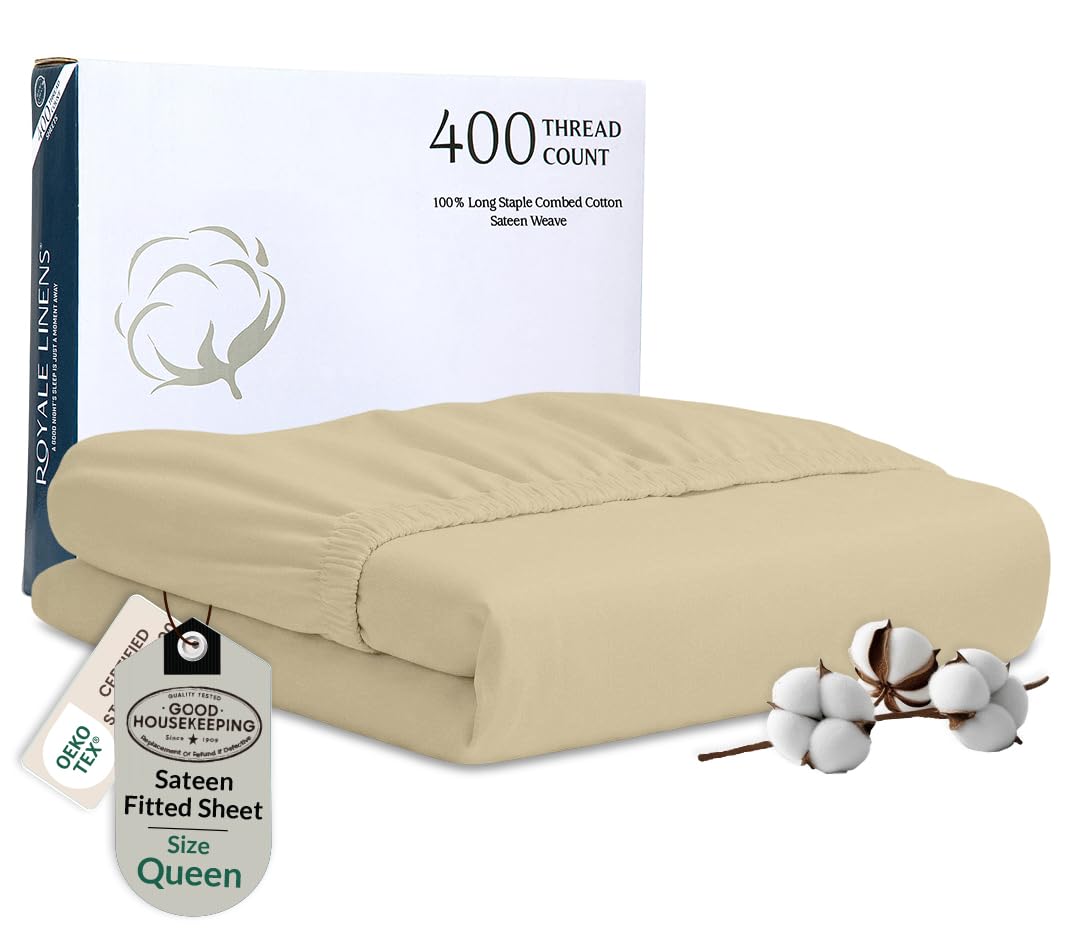 ROYALE LINENS 300 Thread Count 100% Long Staple Combed Cotton Fitted Sheet - Super Soft Deep Pocket Bottom Sheet - Fitted Sheet - Fitted Sheet Only - Elastic Sheet