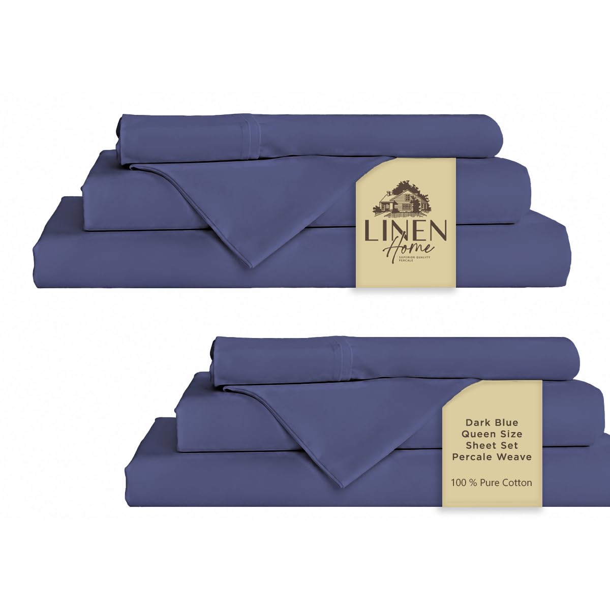 Linen Home 100% Cotton Percale Sheet Set - Deep Pocket Fitted Sheet Fits Mattress Upto 15", Pillowcases, Breathable Flat Sheet