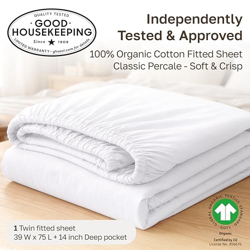 California Design Den 100% Organic Cotton Fitted Sheet Only - Percale Deep Pocket Fitted Sheet, Lightweight, Snug-Fit, Crisp, Durable