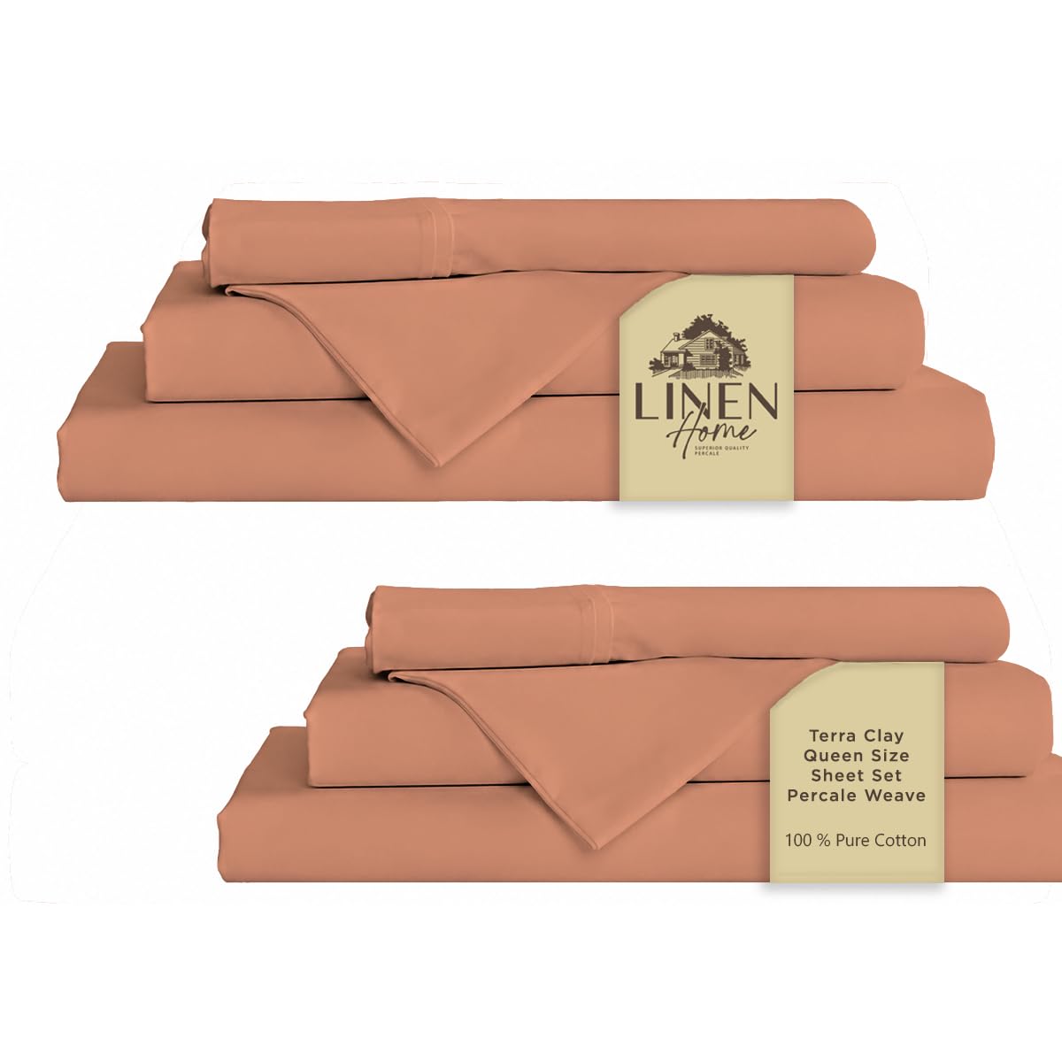 Linen Home 100% Cotton Percale Sheet Set - Deep Pocket Fitted Sheet Fits Mattress Upto 15", Pillowcases, Breathable Flat Sheet