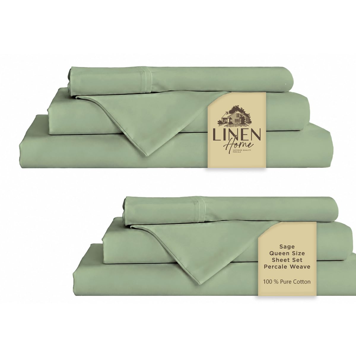 Linen Home 100% Cotton Percale Sheet Set - Deep Pocket Fitted Sheet Fits Mattress Upto 15", Pillowcases, Breathable Flat Sheet