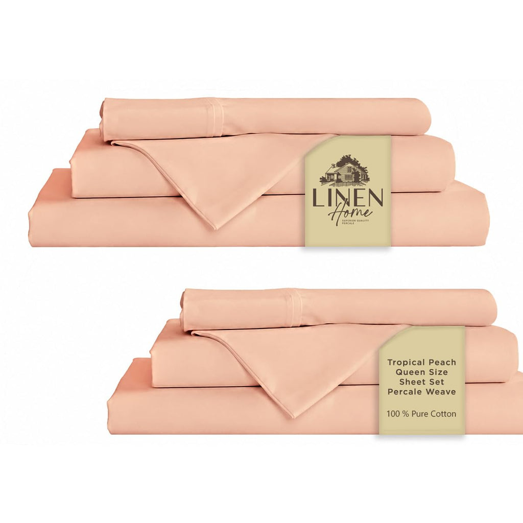 Linen Home 100% Cotton Percale Sheet Set - Deep Pocket Fitted Sheet Fits Mattress Upto 15", Pillowcases, Breathable Flat Sheet