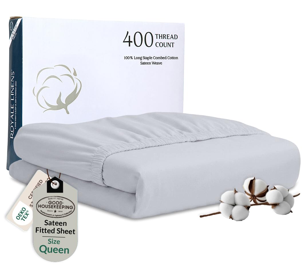 ROYALE LINENS 300 Thread Count 100% Long Staple Combed Cotton Fitted Sheet - Super Soft Deep Pocket Bottom Sheet - Fitted Sheet - Fitted Sheet Only - Elastic Sheet