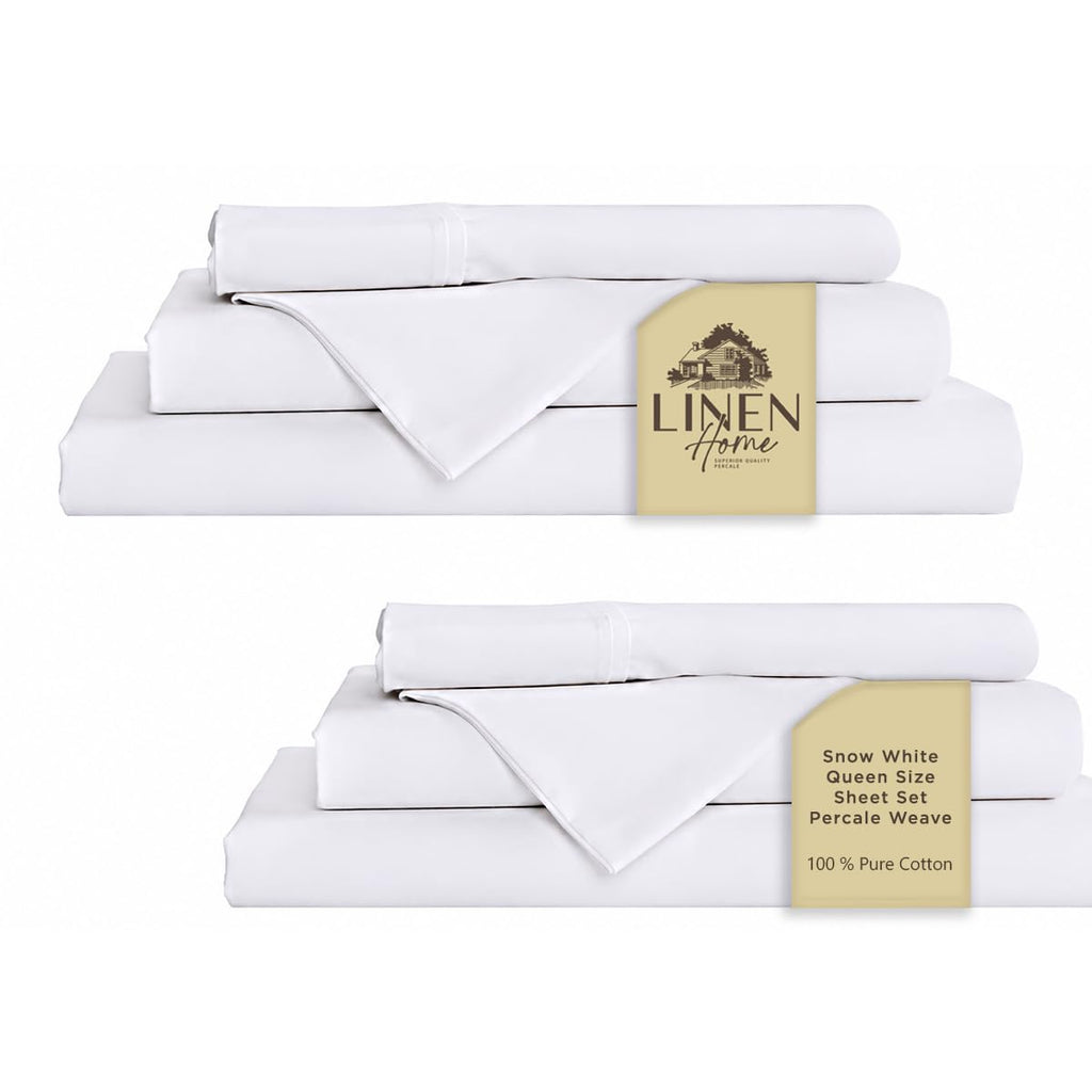 Linen Home 100% Cotton Percale Sheet Set - Deep Pocket Fitted Sheet Fits Mattress Upto 15", Pillowcases, Breathable Flat Sheet