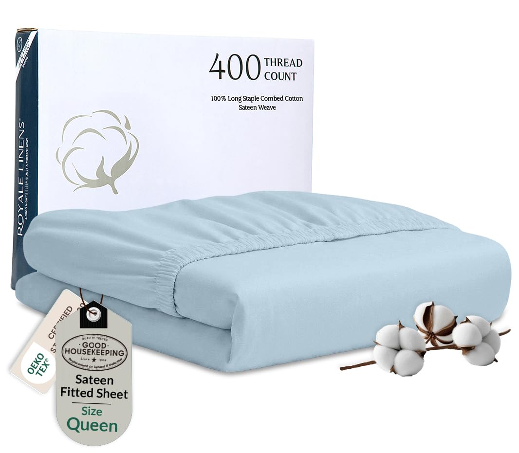 ROYALE LINENS 300 Thread Count 100% Long Staple Combed Cotton Fitted Sheet - Super Soft Deep Pocket Bottom Sheet - Fitted Sheet - Fitted Sheet Only - Elastic Sheet