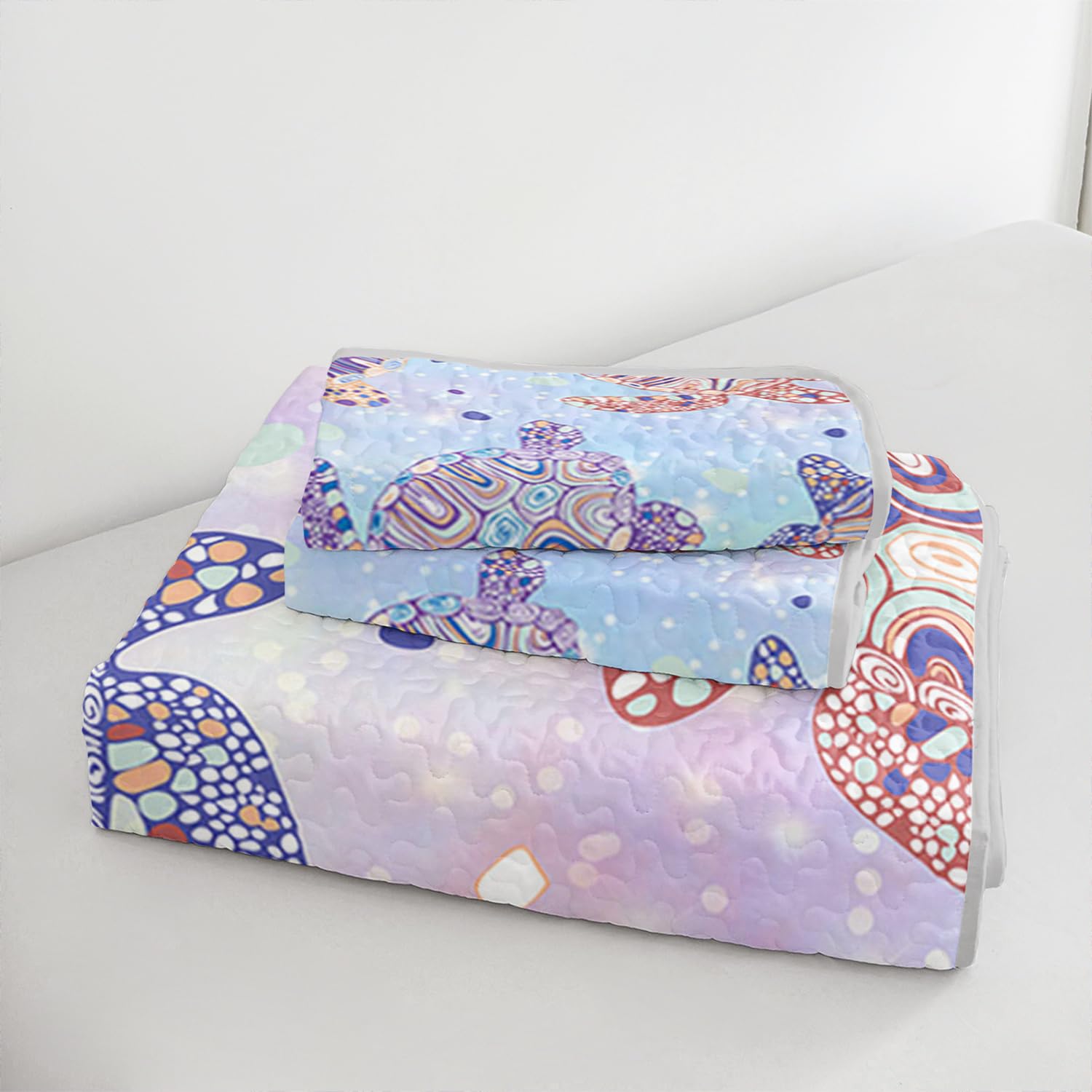 OUIXOTIC 3pcs Sea Quilt Bedding Set - Boho Coastal Style! Indigo Blue Beach Reversible Quilt with Pillow Cases, Lightweight Bedspread Coverlet, Soft Comforter