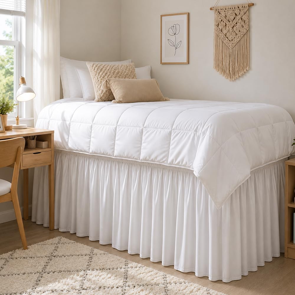 ARlinen College Dorm Bedding Bundle – Twin White Comforter & Twin XL 32 Inch Extra Long Dorm Bed Skirt Set