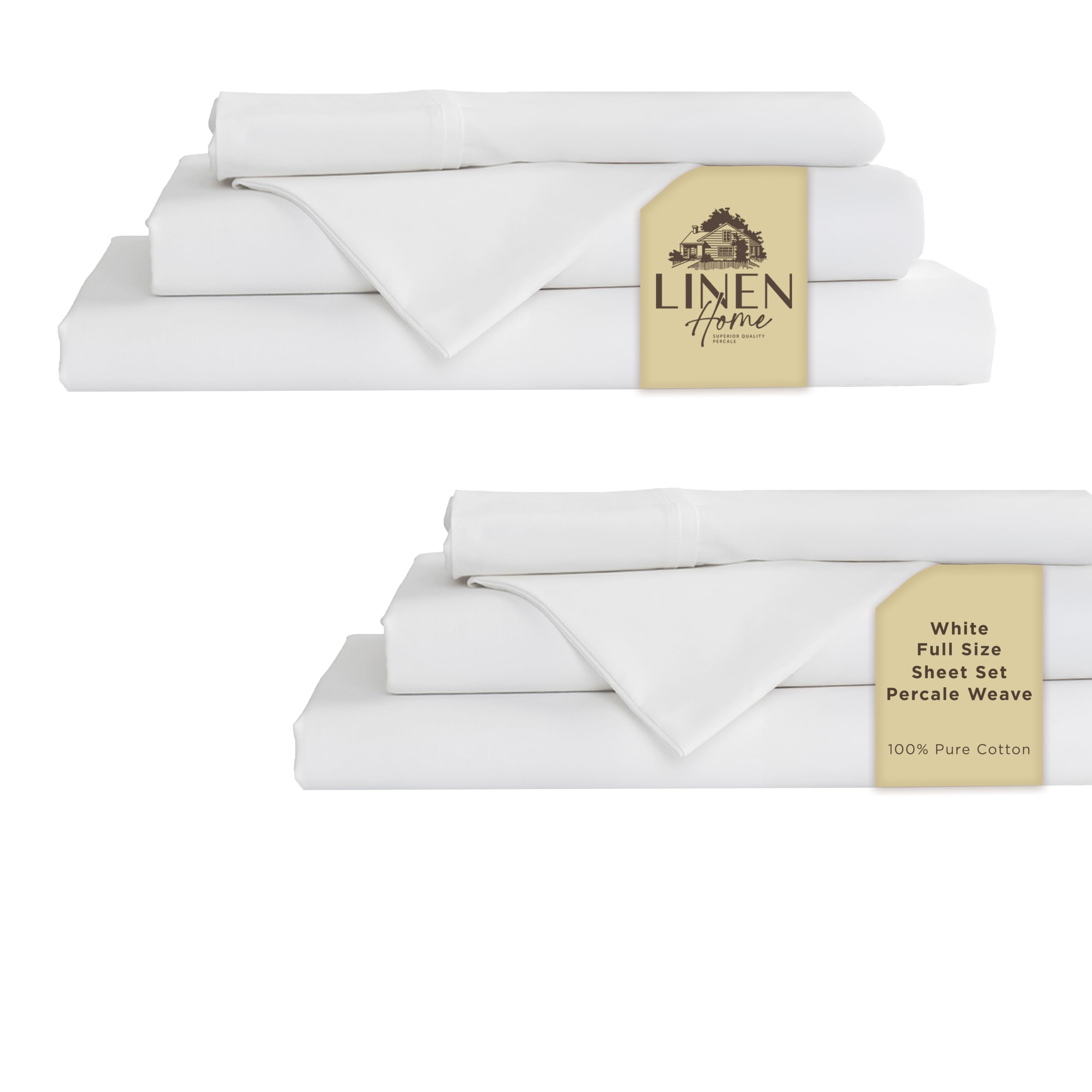 Linen Home 100% Cotton Percale Sheet Set - Deep Pocket Fitted Sheet Fits Mattress Upto 15", Pillowcases, Breathable Flat Sheet