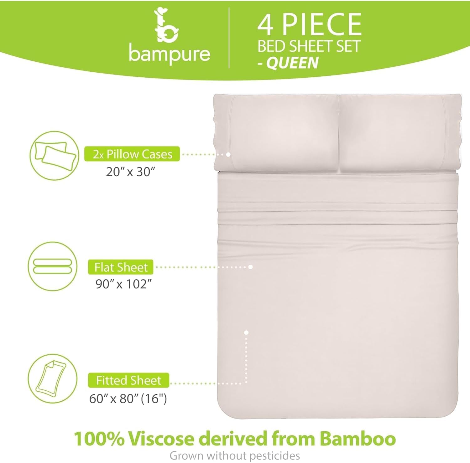 BAMPURE Luxury Series Sheet Set - 100% Viscose derived from Bamboo Sheets - Super Soft Viscose Bamboo Cooling Sheets for Hot Sleepers