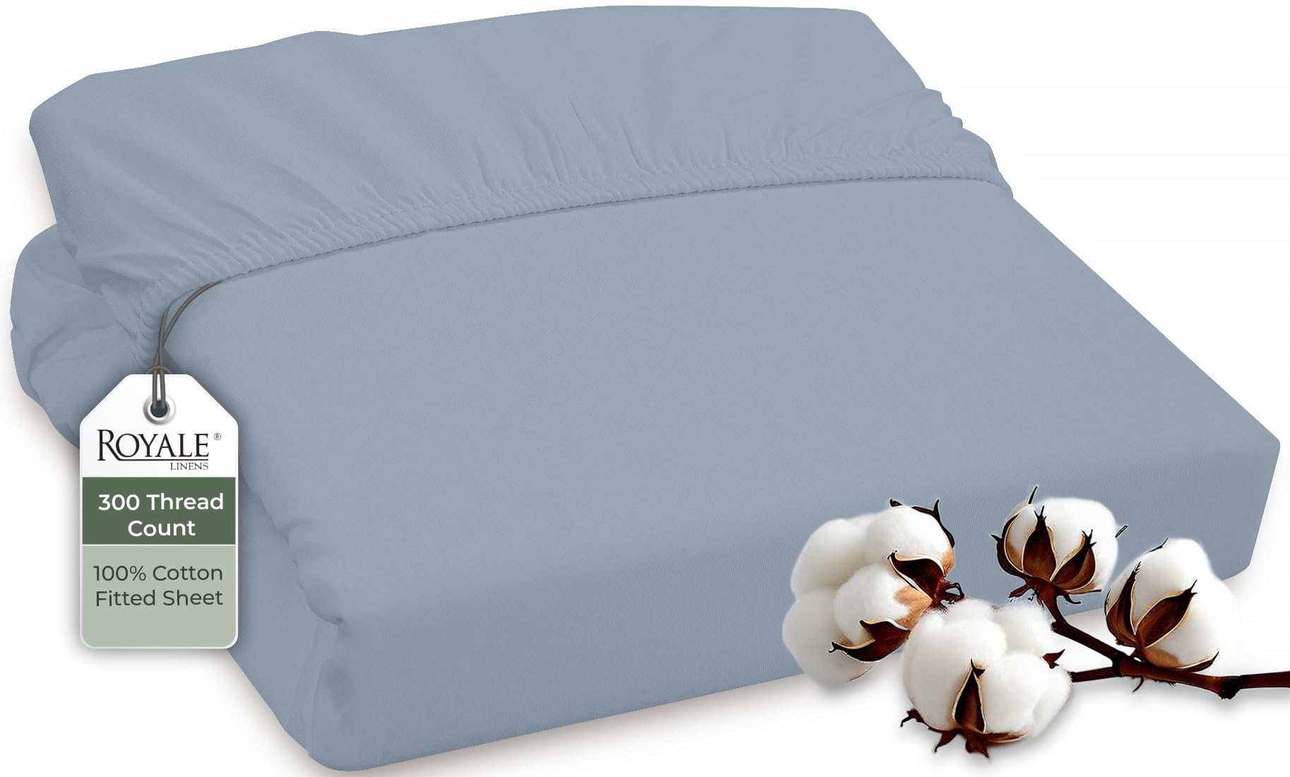 ROYALE LINENS 300 Thread Count 100% Long Staple Combed Cotton Fitted Sheet - Super Soft Deep Pocket Bottom Sheet - Fitted Sheet - Fitted Sheet Only - Elastic Sheet