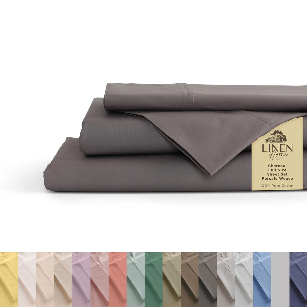 Linen Home 100% Cotton Percale Sheet Set - Deep Pocket Fitted Sheet Fits Mattress Upto 15", Pillowcases, Breathable Flat Sheet