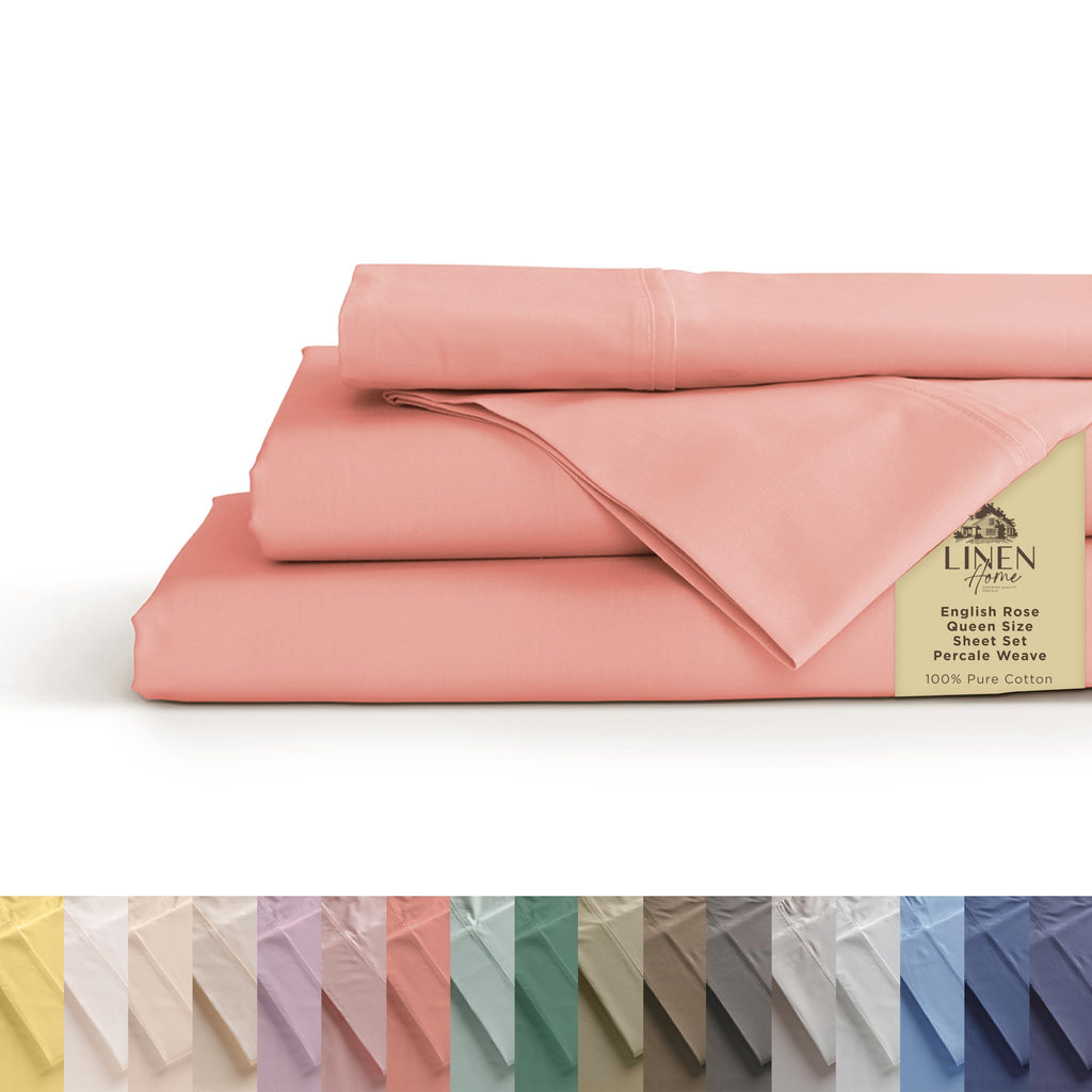 Linen Home 100% Cotton Percale Sheet Set - Deep Pocket Fitted Sheet Fits Mattress Upto 15", Pillowcases, Breathable Flat Sheet