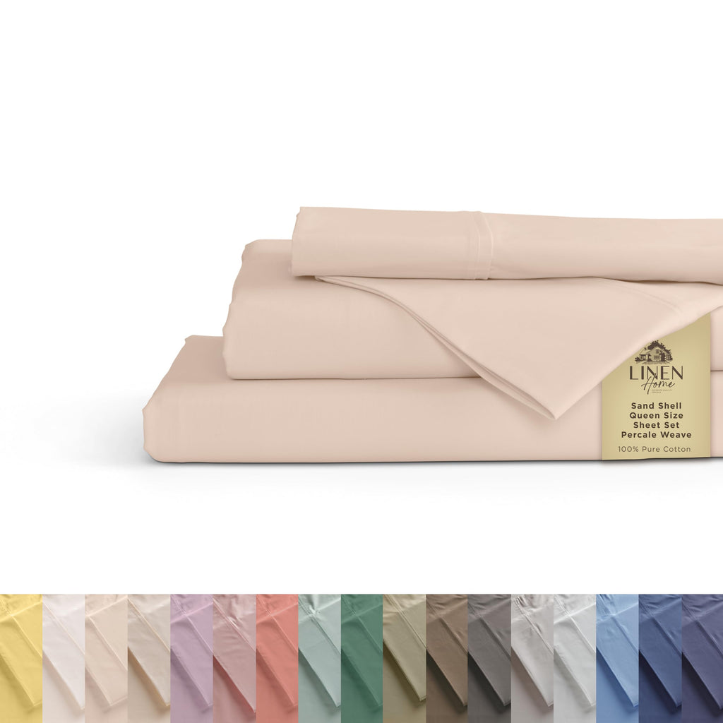 Linen Home 100% Cotton Percale Sheet Set - Deep Pocket Fitted Sheet Fits Mattress Upto 15", Pillowcases, Breathable Flat Sheet
