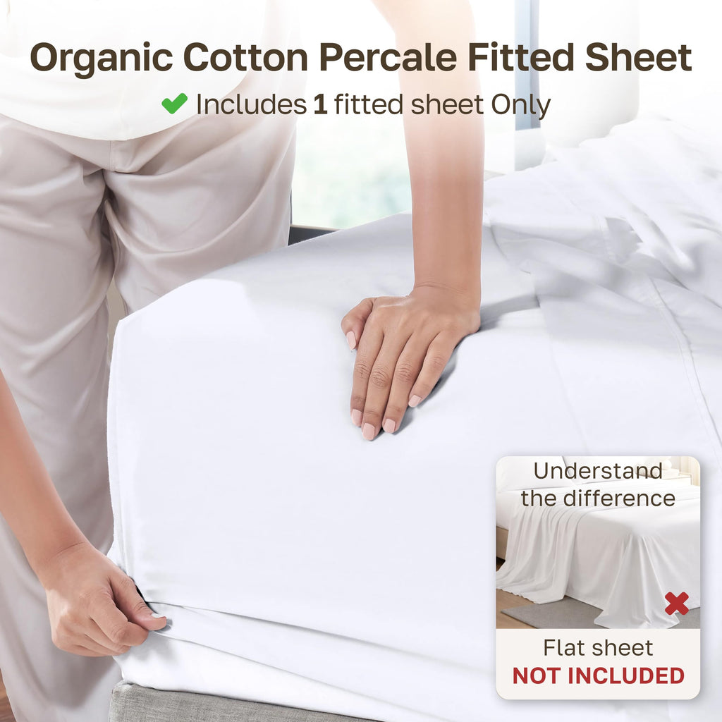 California Design Den 100% Organic Cotton Fitted Sheet Only - Percale Deep Pocket Fitted Sheet, Lightweight, Snug-Fit, Crisp, Durable