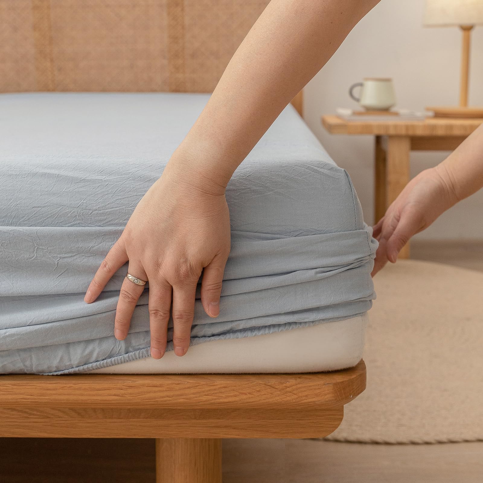BESTOUCH Fitted Sheet Only 100% Washed Cotton Linen Feel Easily Fits Deep Pockets up to 17 inch Solid Color Fitted Sheet