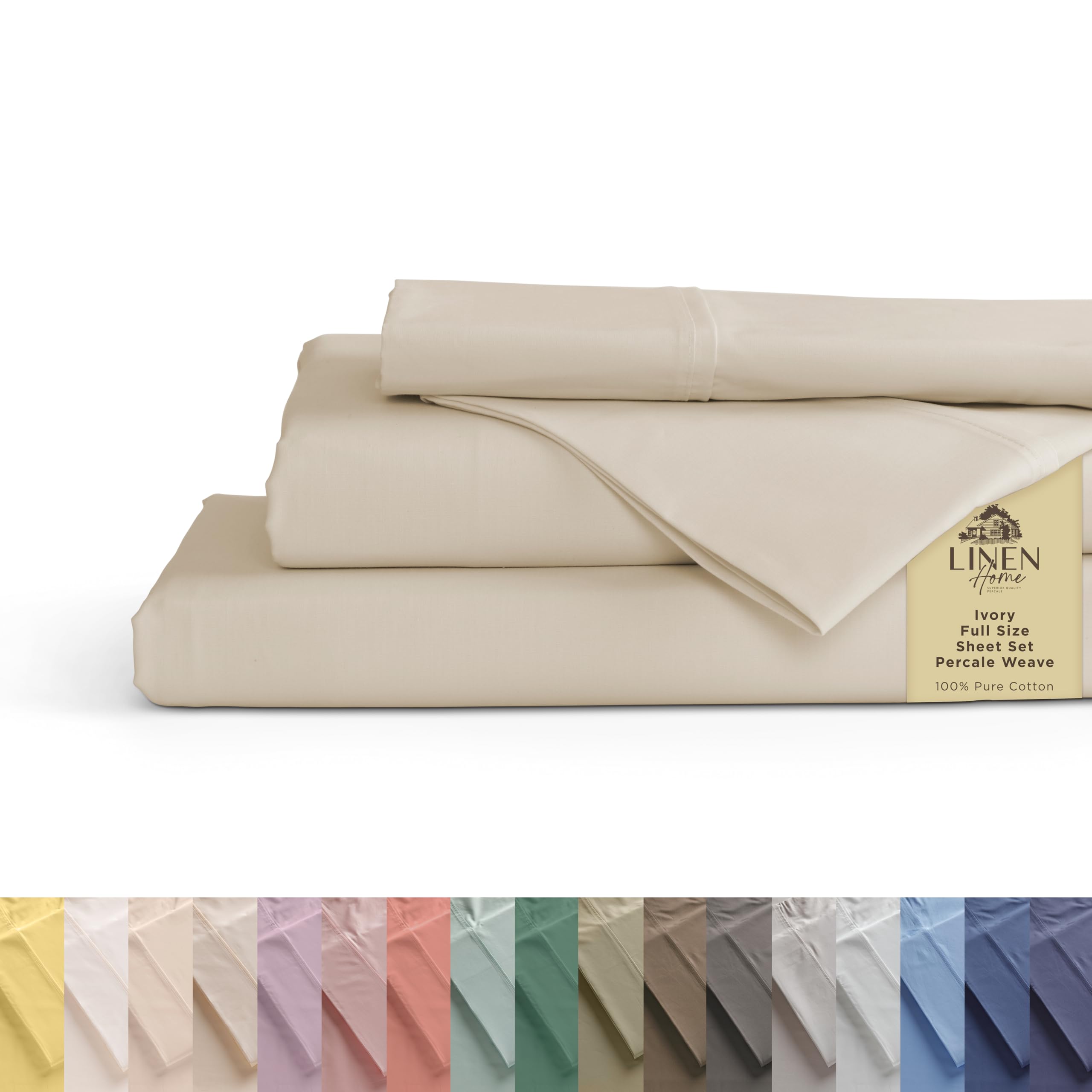 Linen Home 100% Cotton Percale Sheet Set - Deep Pocket Fitted Sheet Fits Mattress Upto 15", Pillowcases, Breathable Flat Sheet