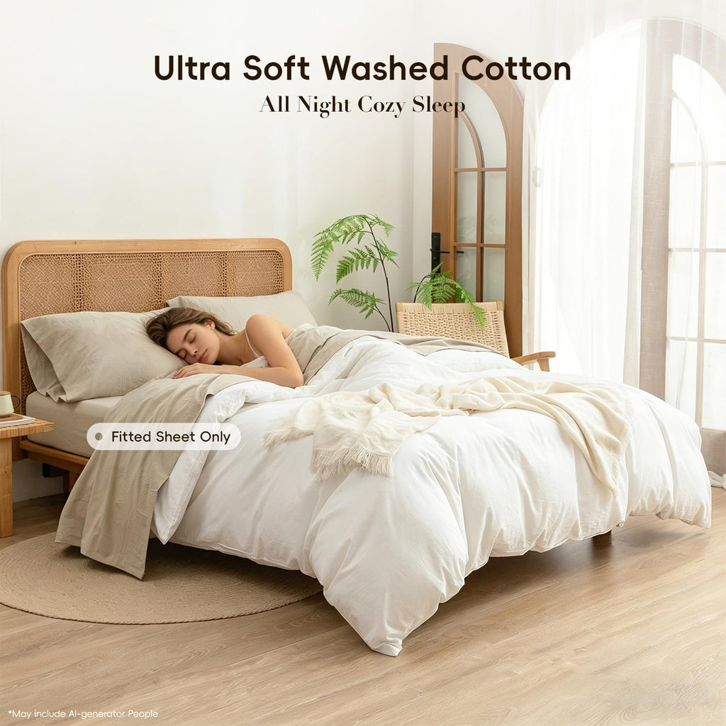 BESTOUCH Fitted Sheet Only 100% Washed Cotton Linen Feel Easily Fits Deep Pockets up to 17 inch Solid Color Fitted Sheet