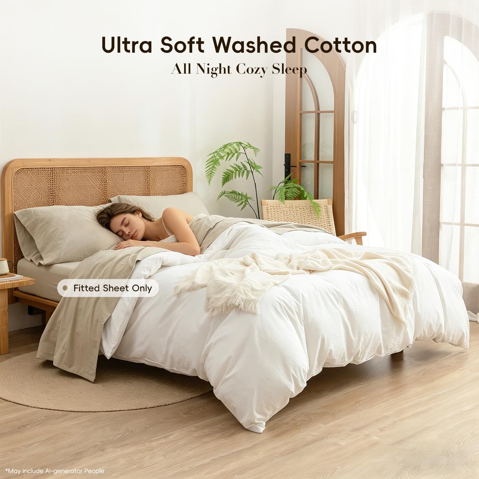 BESTOUCH Fitted Sheet Only 100% Washed Cotton Linen Feel Easily Fits Deep Pockets up to 17 inch Solid Color Fitted Sheet
