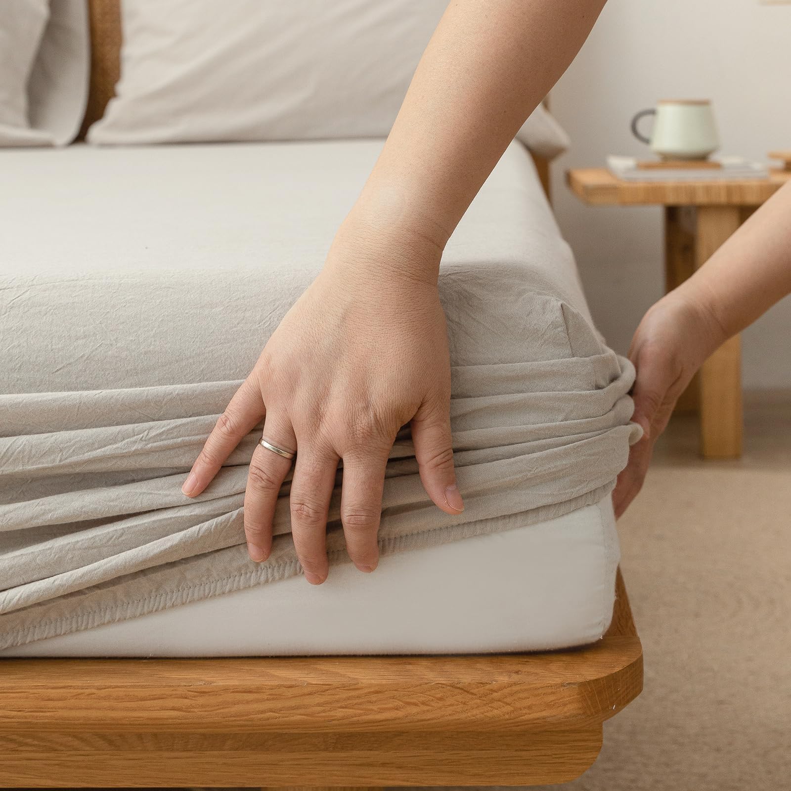 BESTOUCH Fitted Sheet Only 100% Washed Cotton Linen Feel Easily Fits Deep Pockets up to 17 inch Solid Color Fitted Sheet