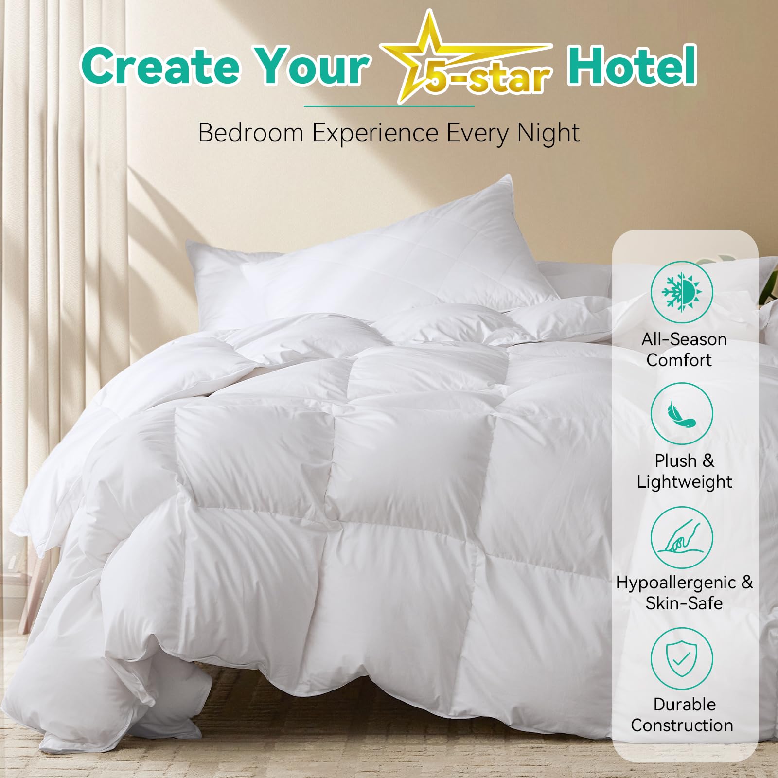 Three Geese King Size Goose Feather Down Fiber Comforter - Ultral Soft All-Season Feather Down Duvet Insert Fluffy, Noissele with 8 Corner Loops for Warmth and Softness.