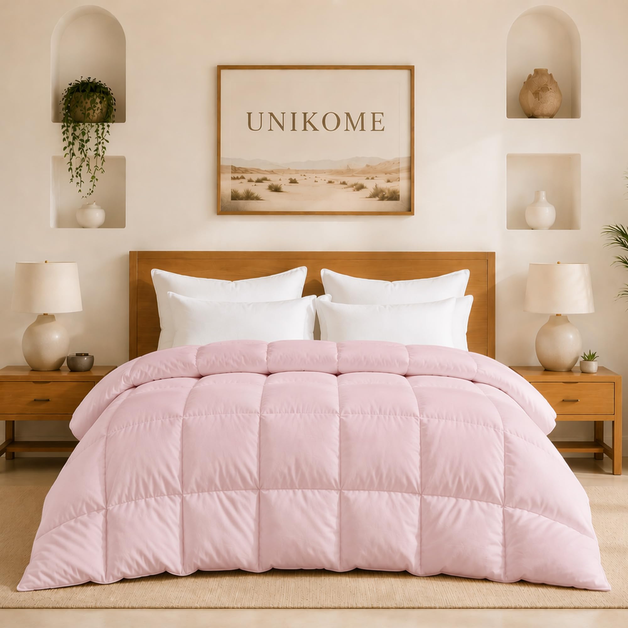 UNIKOME Goose Feather Down Fiber Comforter, All Season Hotel Luxury Bedding Comforter, Ultra Soft Fluffy Duvet Insert with Downproof Cover, 8 Corner Loops