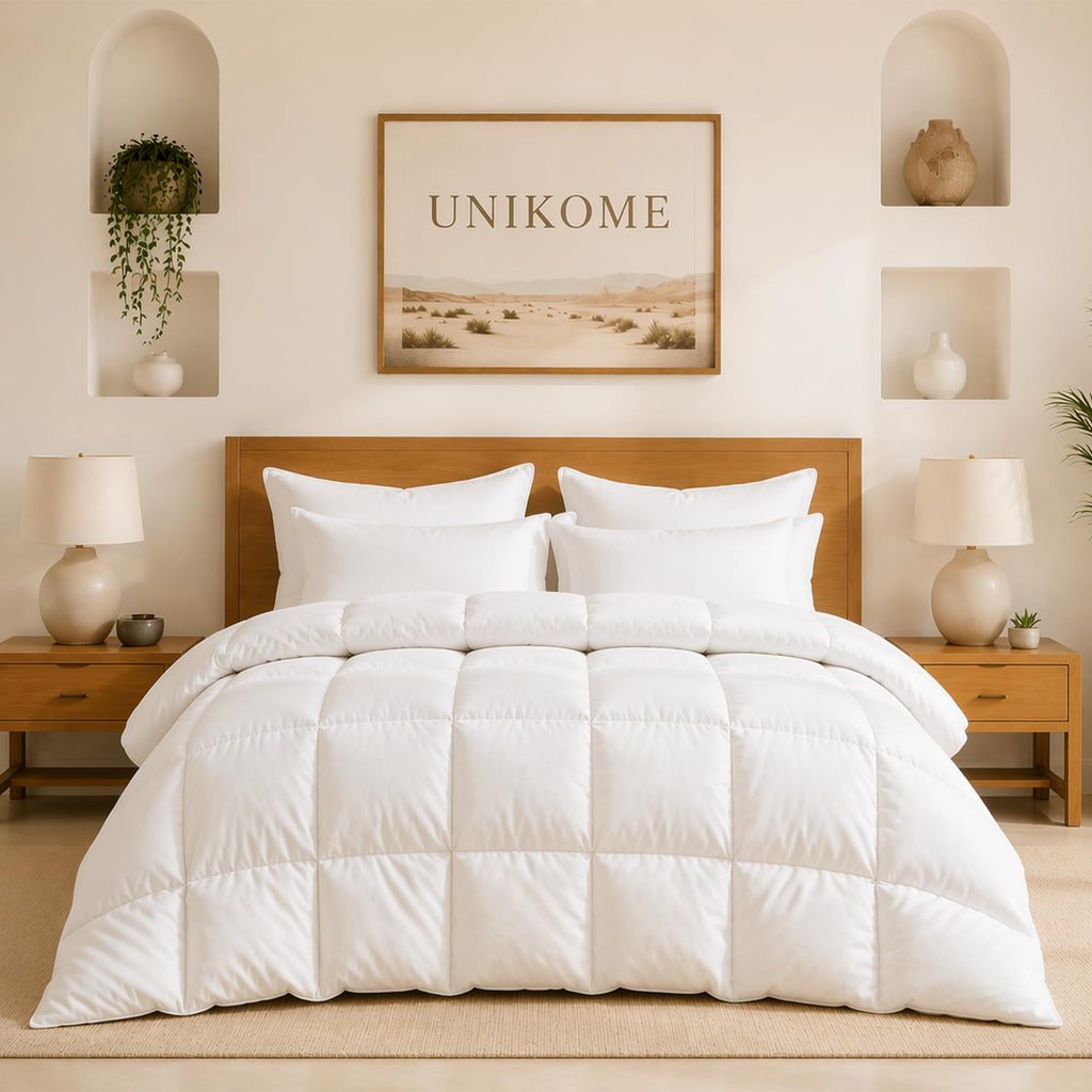 UNIKOME Goose Feather Down Fiber Comforter, All Season Hotel Luxury Bedding Comforter, Ultra Soft Fluffy Duvet Insert with Downproof Cover, 8 Corner Loops