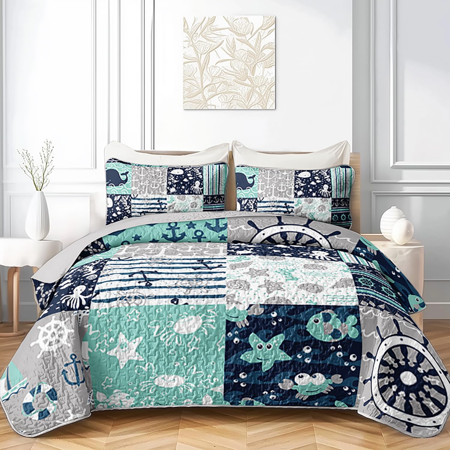 OUIXOTIC 3pcs Sea Quilt Bedding Set - Boho Coastal Style! Indigo Blue Beach Reversible Quilt with Pillow Cases, Lightweight Bedspread Coverlet, Soft Comforter