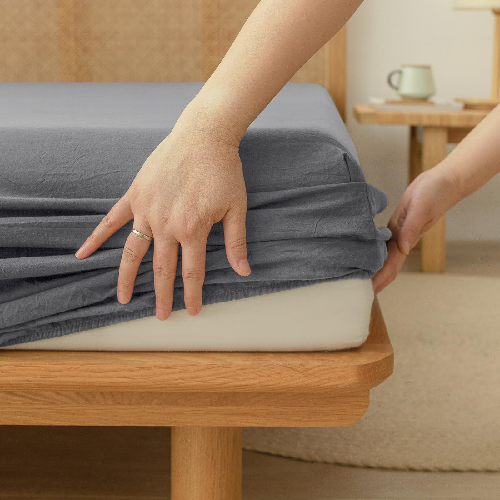 BESTOUCH Fitted Sheet Only 100% Washed Cotton Linen Feel Easily Fits Deep Pockets up to 17 inch Solid Color Fitted Sheet
