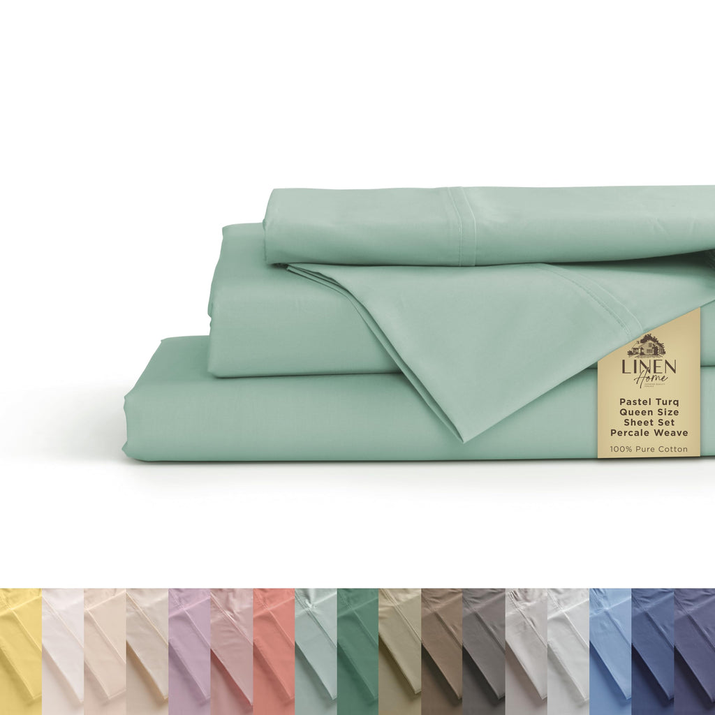 Linen Home 100% Cotton Percale Sheet Set - Deep Pocket Fitted Sheet Fits Mattress Upto 15", Pillowcases, Breathable Flat Sheet