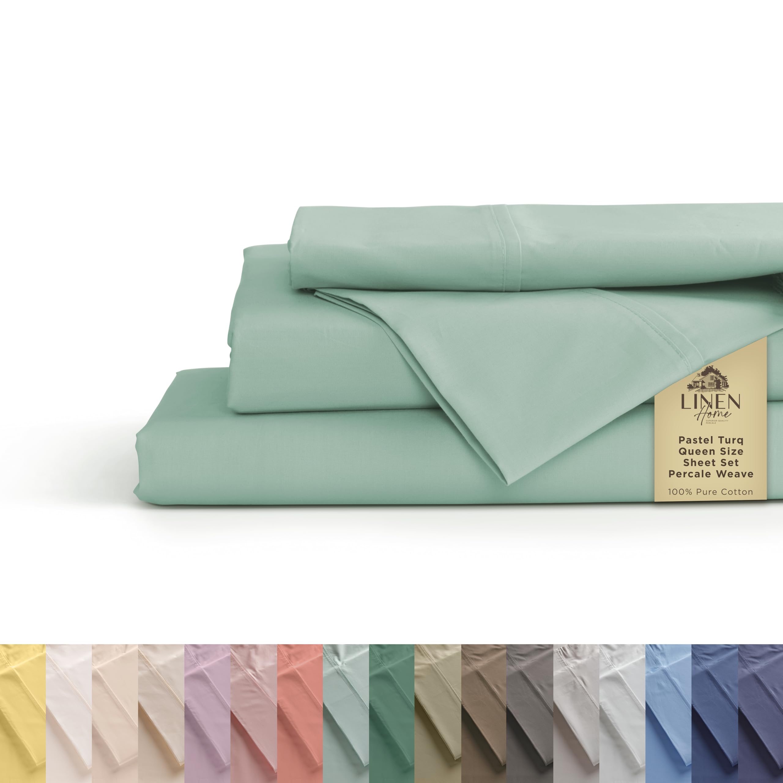 Linen Home 100% Cotton Percale Sheet Set - Deep Pocket Fitted Sheet Fits Mattress Upto 15", Pillowcases, Breathable Flat Sheet