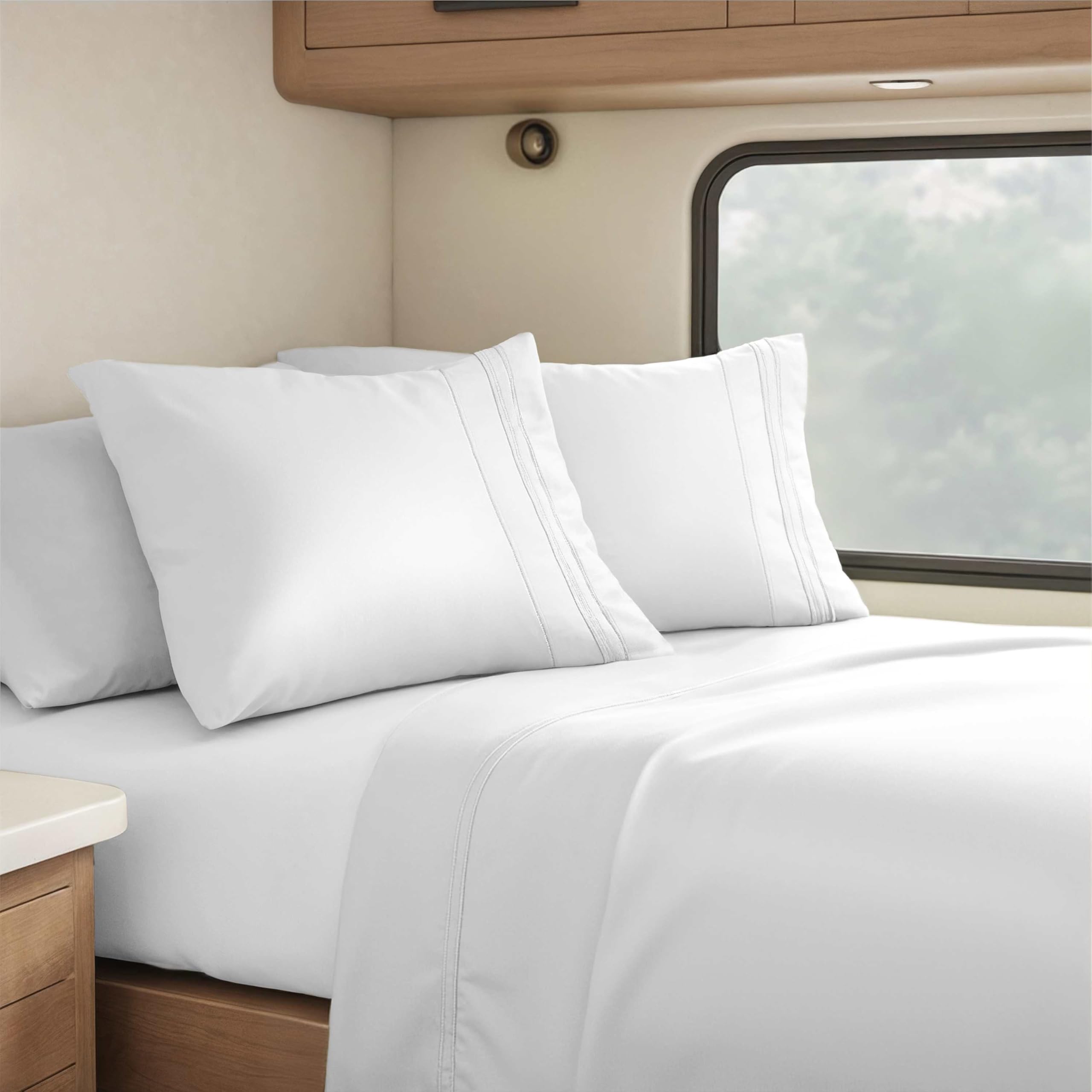 Hearth & Harbor Short Queen Sheets for RV, Queen Sheets, Silky Soft 1800 Microfiber Bed Sheet for Camper, 4 Piece RV Bedding with Pillowcases