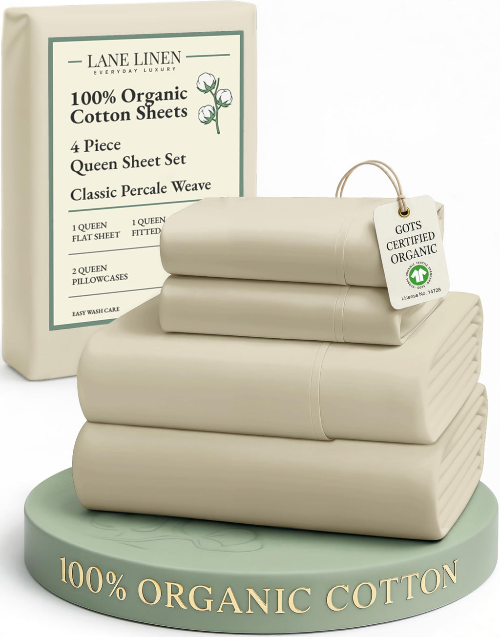 Lane Linen 100% Organic Cotton Sheet Set, Soft Cooling Bed Sheets, Hotel Quality Bed Sheet Set, Breatheble Sheet Set Deep Pocket Upto 15"