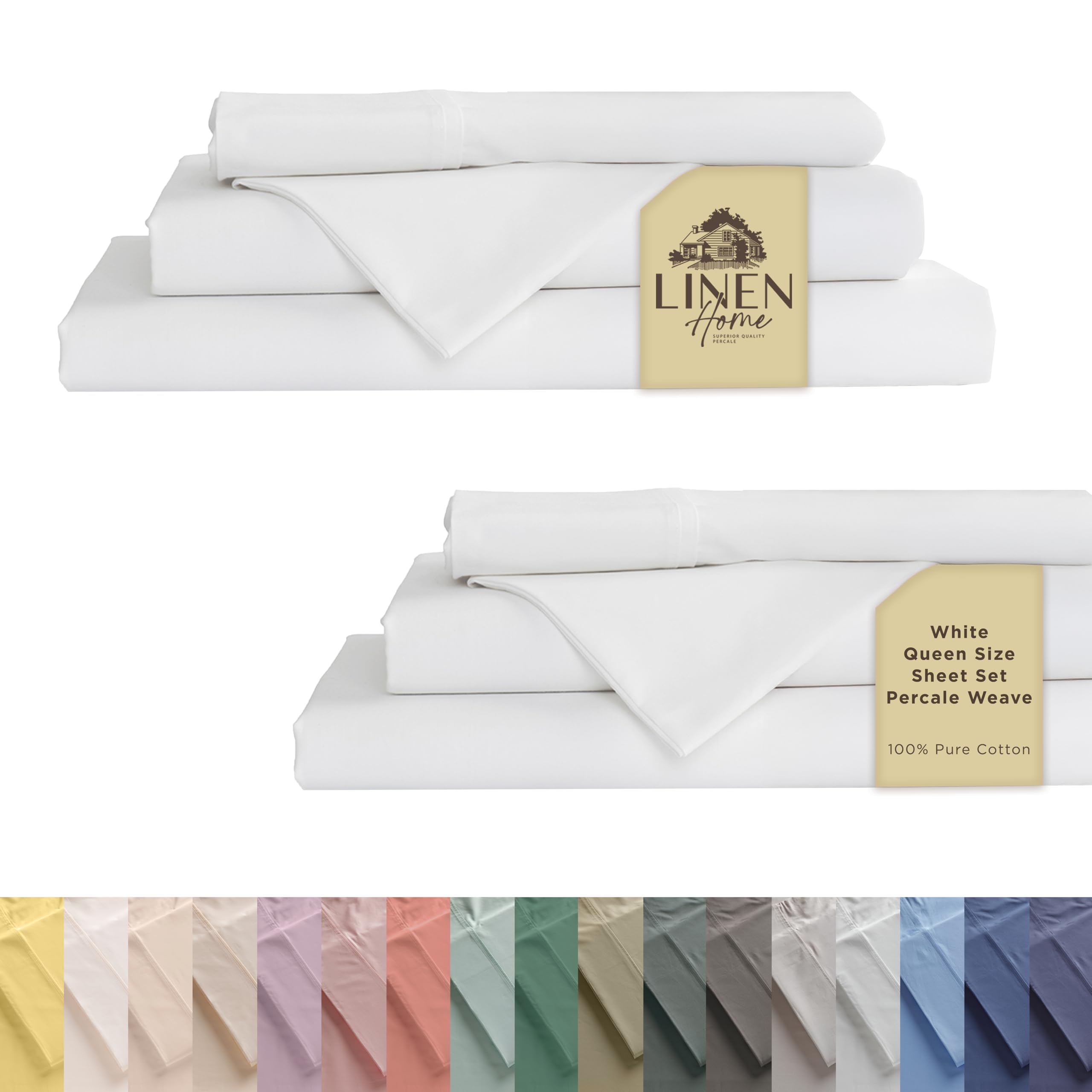 Linen Home 100% Cotton Percale Sheet Set - Deep Pocket Fitted Sheet Fits Mattress Upto 15", Pillowcases, Breathable Flat Sheet