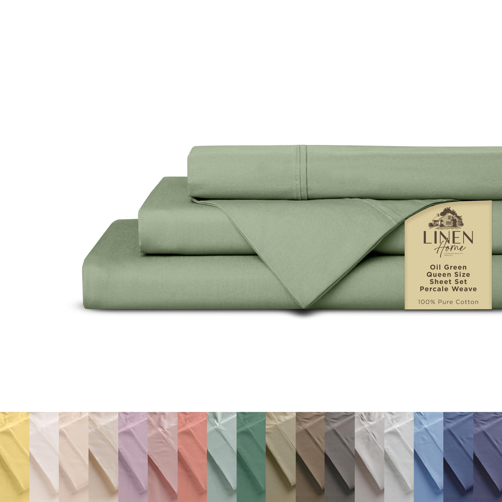 Linen Home 100% Cotton Percale Sheet Set - Deep Pocket Fitted Sheet Fits Mattress Upto 15", Pillowcases, Breathable Flat Sheet