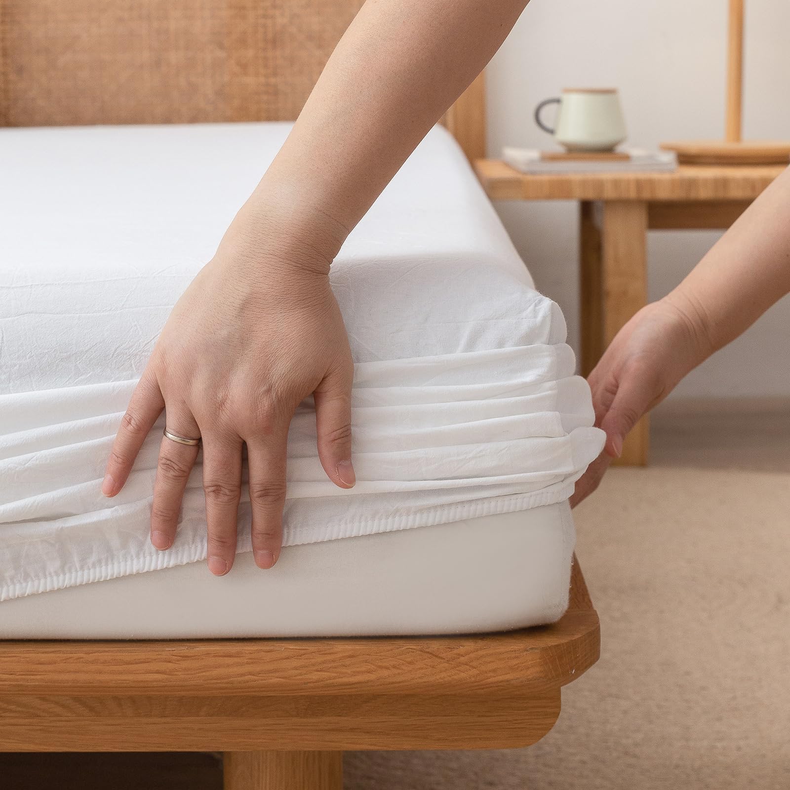 BESTOUCH Fitted Sheet Only 100% Washed Cotton Linen Feel Easily Fits Deep Pockets up to 17 inch Solid Color Fitted Sheet