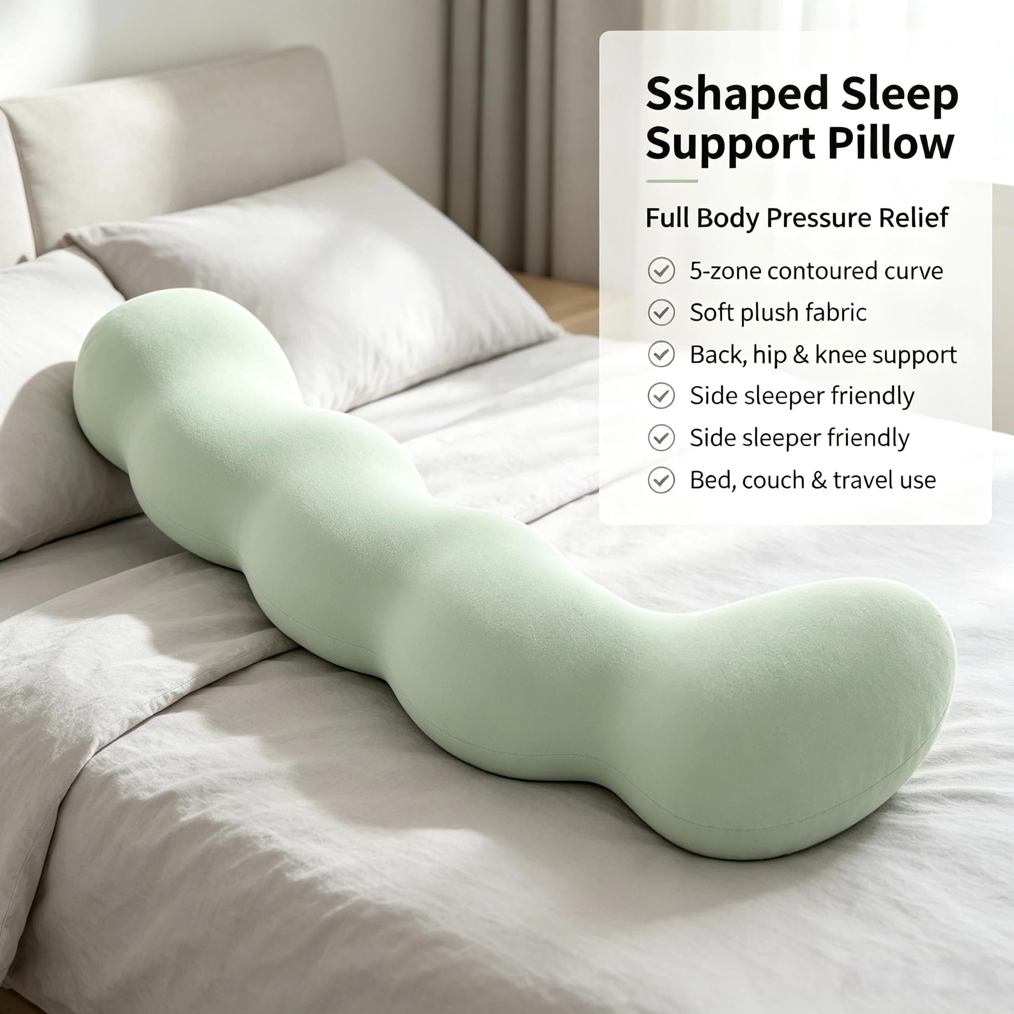 S-Shaped Cooling Body Pillow for Side Sleepers with Full Support