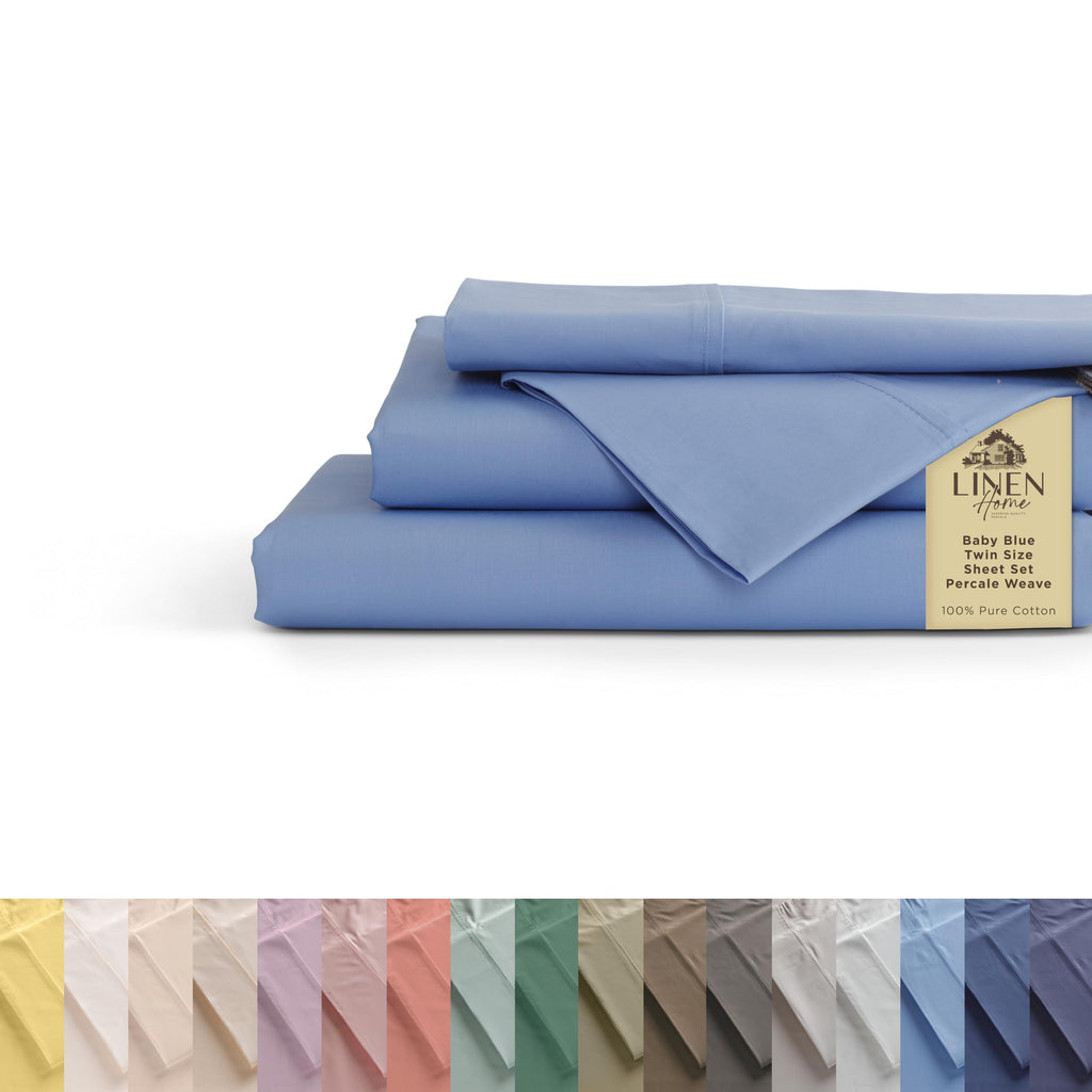 Linen Home 100% Cotton Percale Sheet Set - Deep Pocket Fitted Sheet Fits Mattress Upto 15", Pillowcases, Breathable Flat Sheet