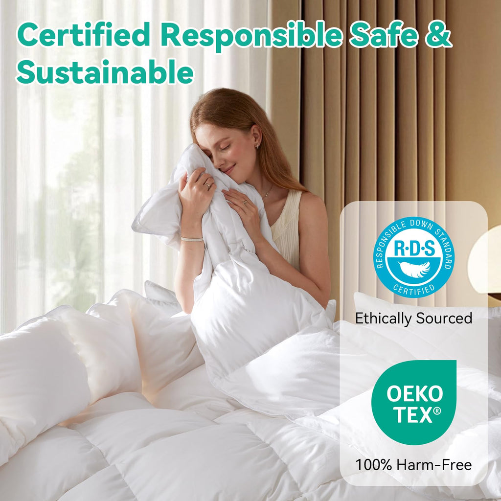 Three Geese King Size Goose Feather Down Fiber Comforter - Ultral Soft All-Season Feather Down Duvet Insert Fluffy, Noissele with 8 Corner Loops for Warmth and Softness.