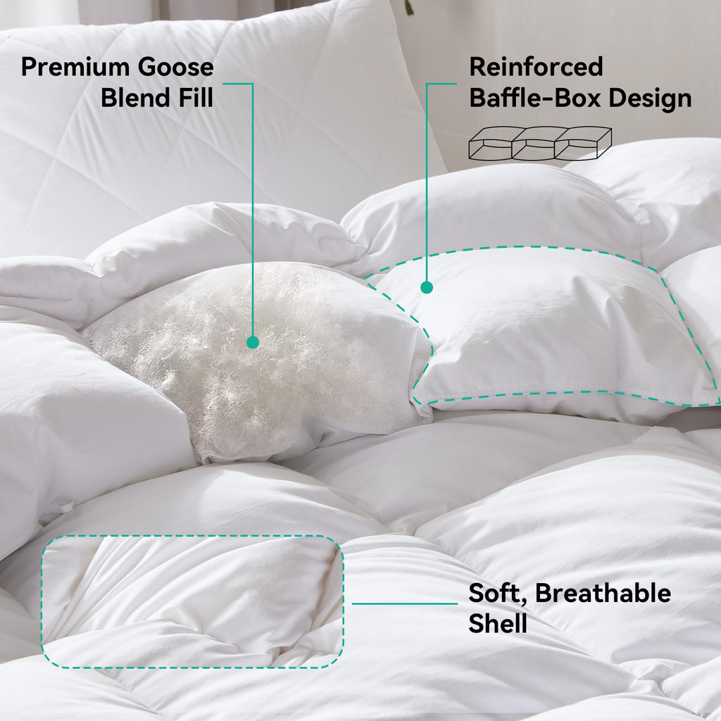 Three Geese King Size Goose Feather Down Fiber Comforter - Ultral Soft All-Season Feather Down Duvet Insert Fluffy, Noissele with 8 Corner Loops for Warmth and Softness.