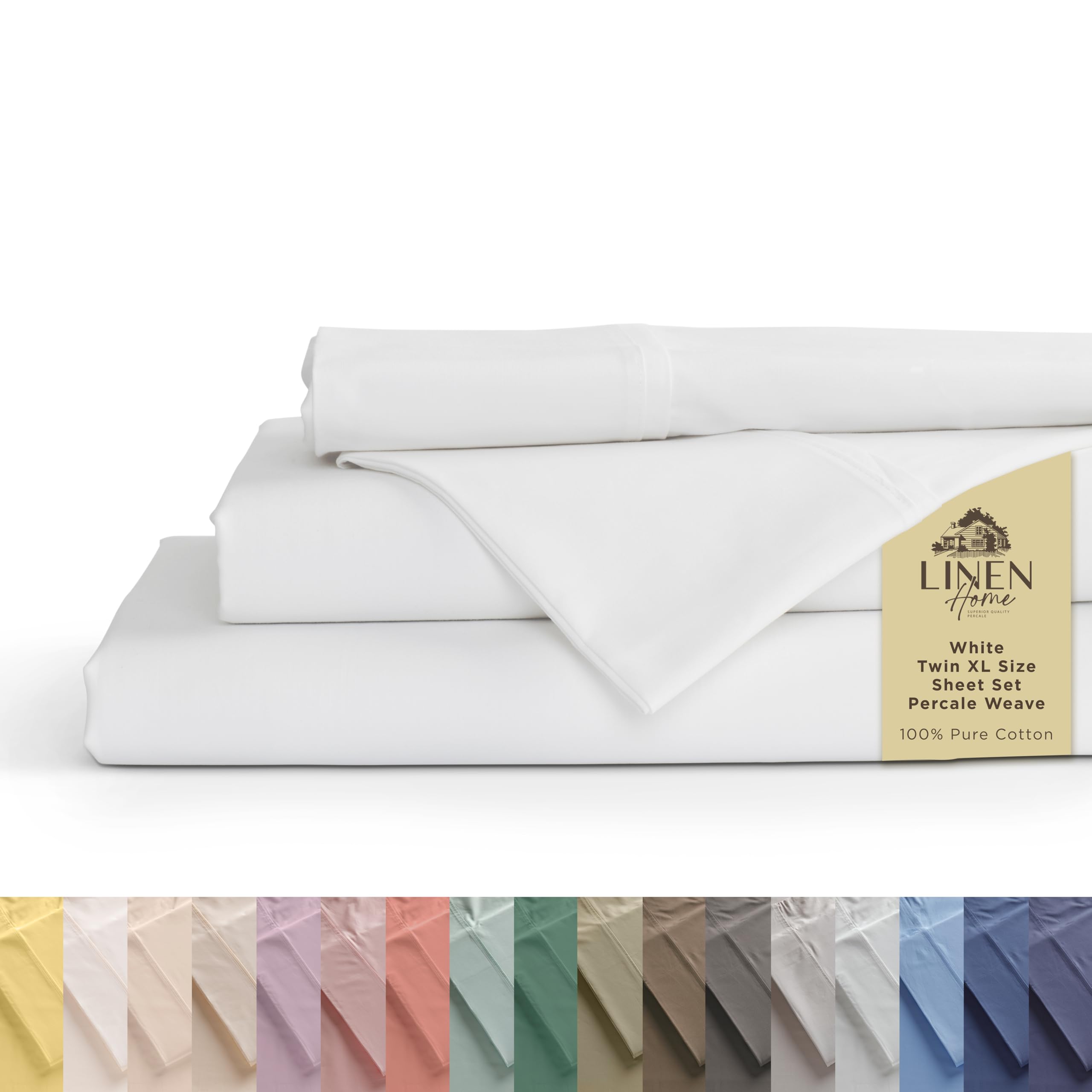 Linen Home 100% Cotton Percale Sheet Set - Deep Pocket Fitted Sheet Fits Mattress Upto 15", Pillowcases, Breathable Flat Sheet