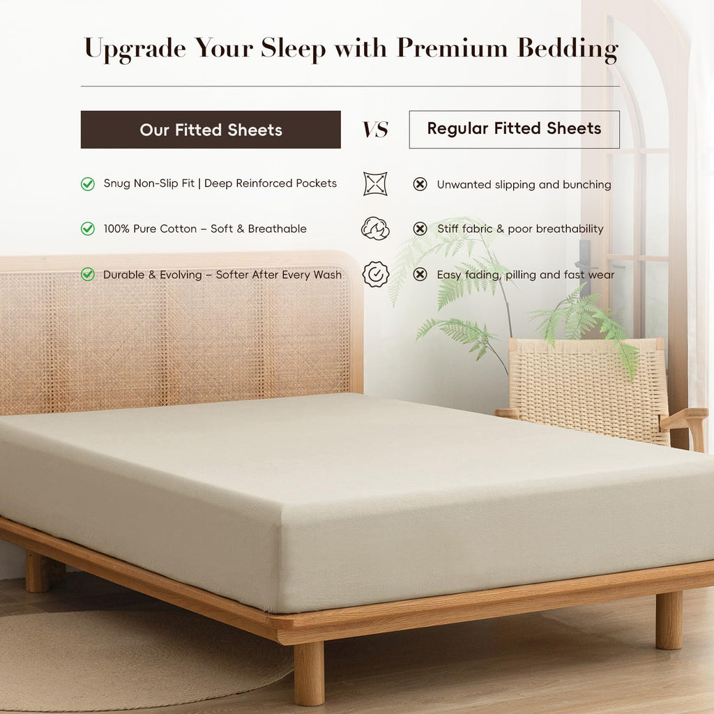 BESTOUCH Fitted Sheet Only 100% Washed Cotton Linen Feel Easily Fits Deep Pockets up to 17 inch Solid Color Fitted Sheet