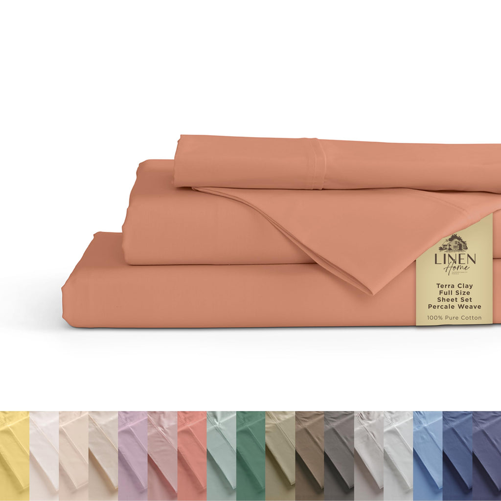 Linen Home 100% Cotton Percale Sheet Set - Deep Pocket Fitted Sheet Fits Mattress Upto 15", Pillowcases, Breathable Flat Sheet