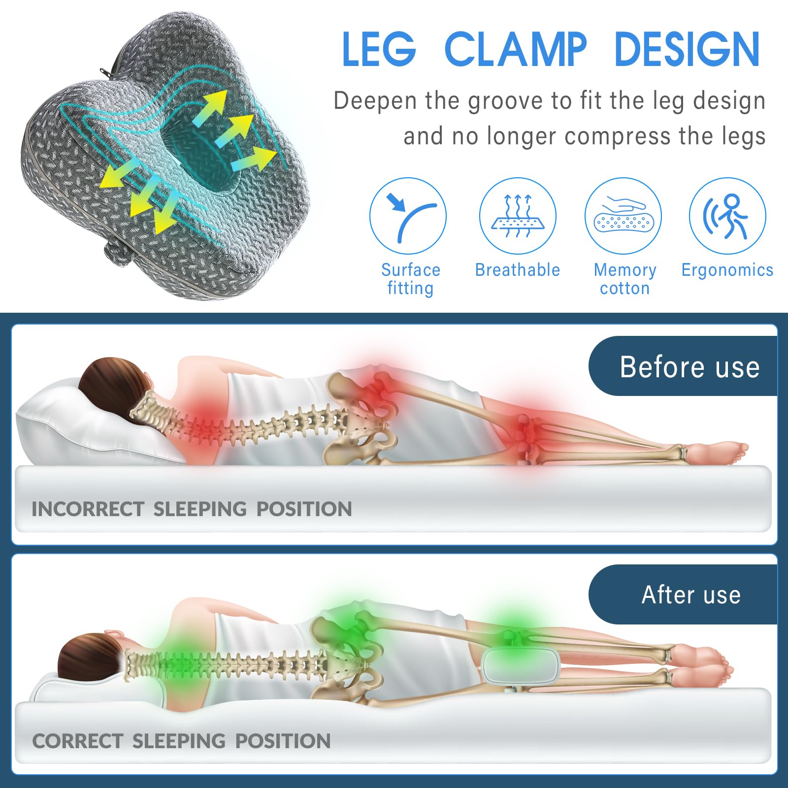 Valueest Memory Foam Knee Pillow, Orthopedic Leg Support for Side Sleepers, Hip Alignment