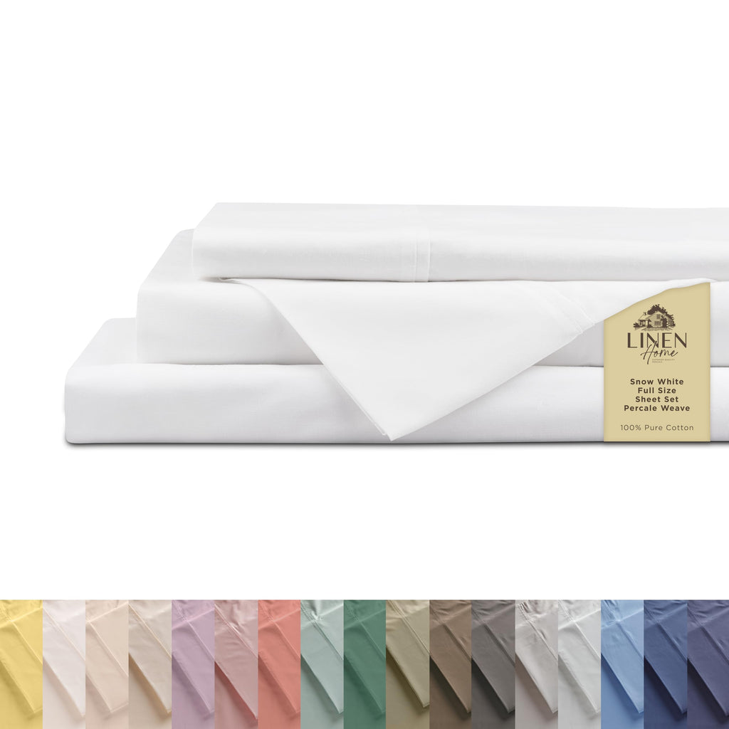 Linen Home 100% Cotton Percale Sheet Set - Deep Pocket Fitted Sheet Fits Mattress Upto 15", Pillowcases, Breathable Flat Sheet