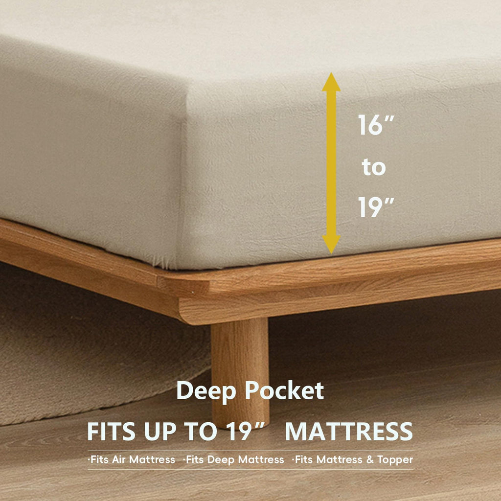 BESTOUCH Fitted Sheet Only 100% Washed Cotton Linen Feel Easily Fits Deep Pockets up to 17 inch Solid Color Fitted Sheet
